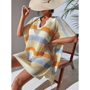 Maeve by Anthropologie Cream Yellow Rust Aqua Striped Open Knit Polo Beach Cover